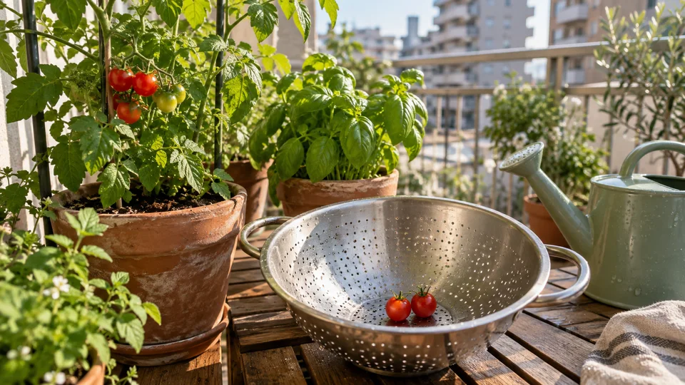 AI生成のイメージ：大きなザルに収穫したトマトが2個