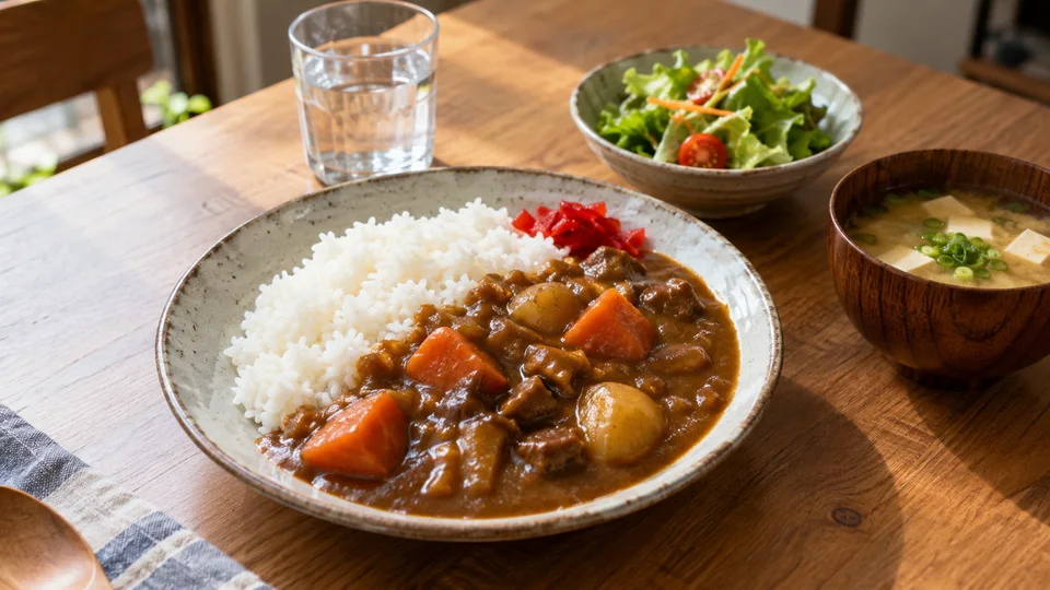 AI生成のイメージ：カレーと味噌汁の食卓