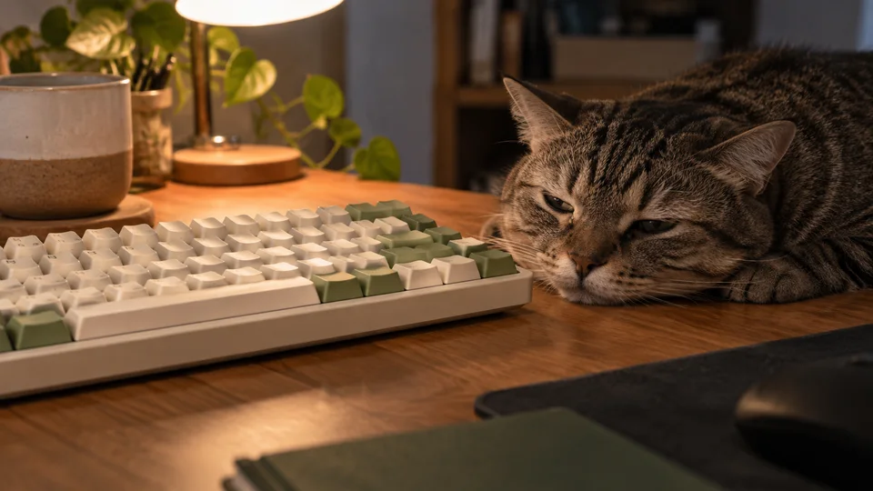 AI生成のイメージ：キーボードの横で眠そうにこちらを見る猫